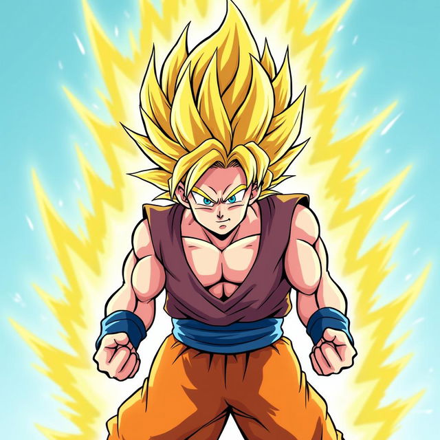 A Super Saiyan character with spiky blonde hair and a glowing energy aura, depicted in a powerful pose with clenched fists