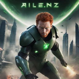 A red-headed man with green eyes exhibiting superpowers, engaged in battle with aliens descending from the sky. The backdrop includes a city under siege. The first-person perspective includes a title, 'Alienz'.