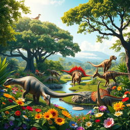 A lush, vibrant depiction of the Garden of Eden, filled with an array of colorful flowers, green foliage, and sparkling water sources