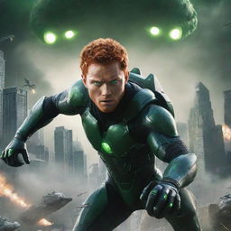 A red-headed man with green eyes exhibiting superpowers, engaged in battle with aliens descending from the sky. The backdrop includes a city under siege. The first-person perspective includes a title, 'Alienz'.