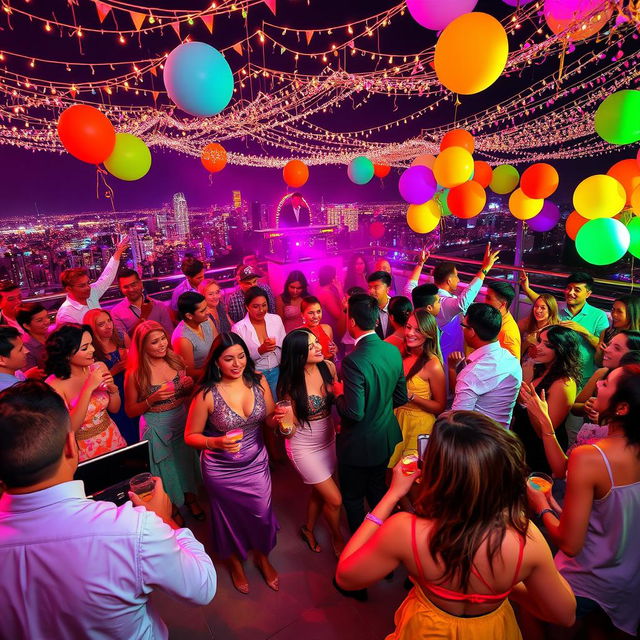 A lively party scene filled with vibrant colors and joyful people dancing and socializing