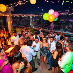 A lively party scene filled with vibrant colors and joyful people dancing and socializing