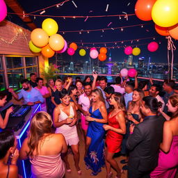 A lively party scene filled with vibrant colors and joyful people dancing and socializing