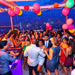 A lively party scene filled with vibrant colors and joyful people dancing and socializing