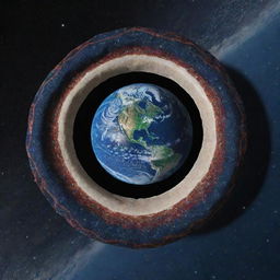 Planet Earth with a ring made of patterned cloth, viewed from deep space.