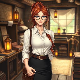 A young female secretary of an adventurers guild, featuring a confident and professional expression