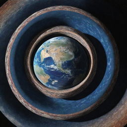 Planet Earth with a ring made of patterned cloth, viewed from deep space.