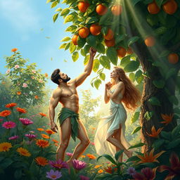 A serene and lush depiction of the Garden of Eden, featuring Adam and Eve in a peaceful moment among vibrant flora and fauna