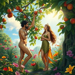 A serene and lush depiction of the Garden of Eden, featuring Adam and Eve in a peaceful moment among vibrant flora and fauna