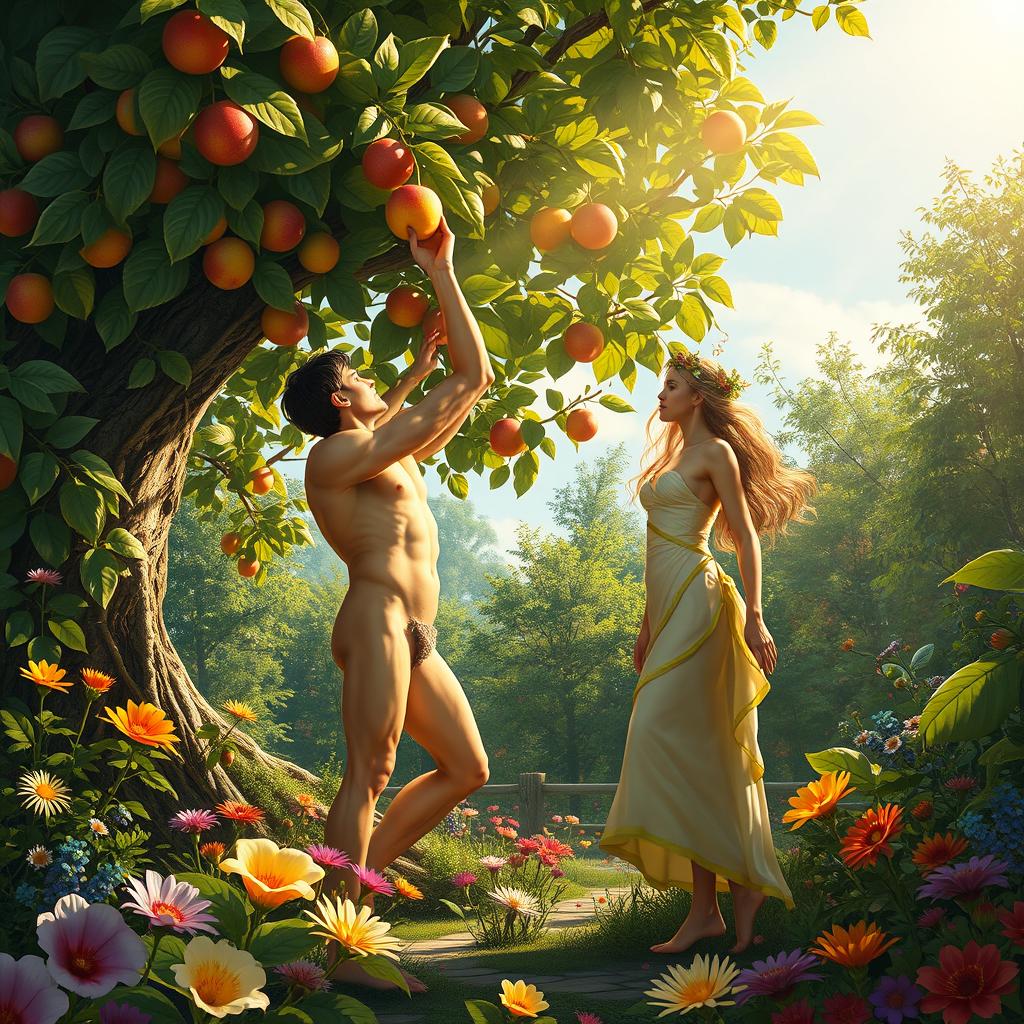 A serene and lush depiction of the Garden of Eden, featuring Adam and Eve in a peaceful moment among vibrant flora and fauna