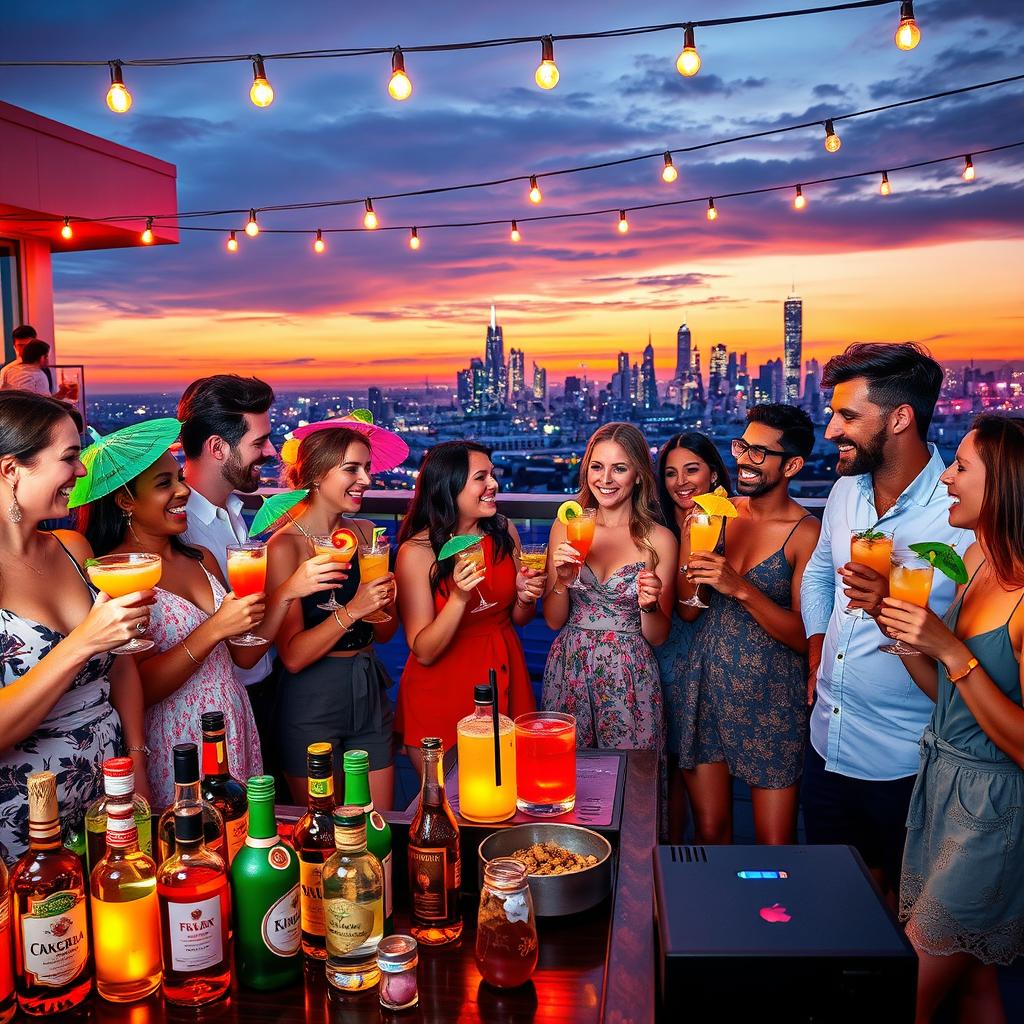 A vibrant drink party scene set on a stylish rooftop terrace at sunset