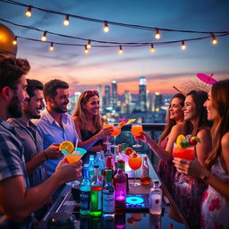 A vibrant drink party scene set on a stylish rooftop terrace at sunset