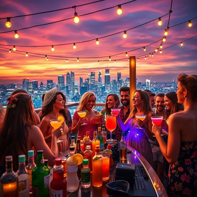 A vibrant drink party scene set on a stylish rooftop terrace at sunset