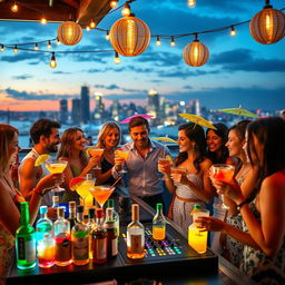 A vibrant drink party scene set on a stylish rooftop terrace at sunset