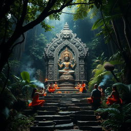 In a deep jungle, there is an ancient temple adorned with intricate carvings, featuring a prominent idol of Goddess Kali