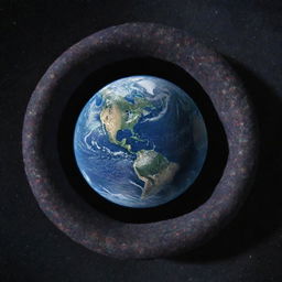 Planet Earth with a ring made of patterned cloth, viewed from deep space.