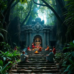 In a deep jungle, there is an ancient temple adorned with intricate carvings, featuring a prominent idol of Goddess Kali