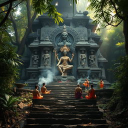 In a deep jungle, there is an ancient temple adorned with intricate carvings, featuring a prominent idol of Goddess Kali