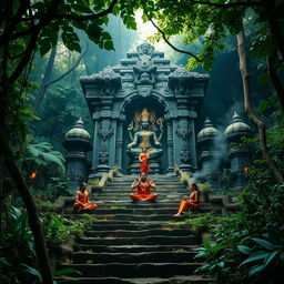 In a deep jungle, there is an ancient temple adorned with intricate carvings, featuring a prominent idol of Goddess Kali