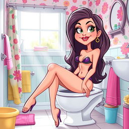 A playful and humorous cartoon-style illustration of a sexy girl with an exaggerated, cheeky expression, sitting on a toilet in a bright, colorful bathroom