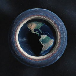 Planet Earth with a ring made of patterned cloth, viewed from deep space.