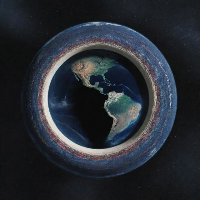 Planet Earth with a ring made of patterned cloth, viewed from deep space.