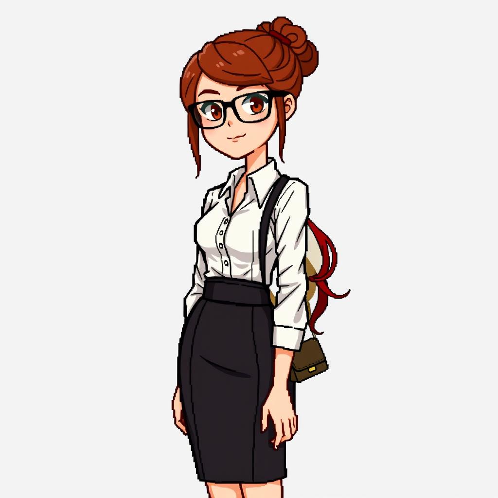 A pixel art style illustration of a young female secretary of the Adventurers Guild