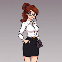 A pixel art style illustration of a young female secretary of the Adventurers Guild