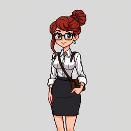 A pixel art style illustration of a young female secretary of the Adventurers Guild