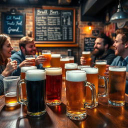 A cozy gathering scene featuring a group of friends enjoying beers in a rustic pub setting