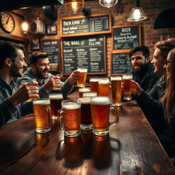 A cozy gathering scene featuring a group of friends enjoying beers in a rustic pub setting