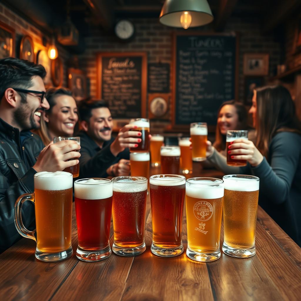 A cozy gathering scene featuring a group of friends enjoying beers in a rustic pub setting