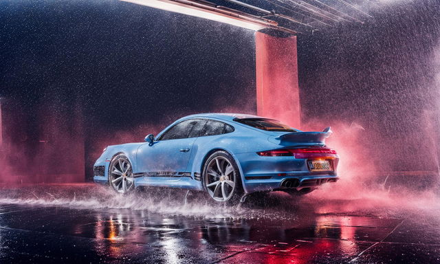 Editorial photograph of a light blue Porsche 911 driving through pouring rain against a pastel pink backdrop.