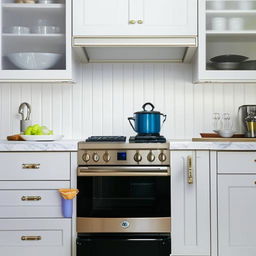 Show an example of a beautifully designed and furnished kitchen interior.