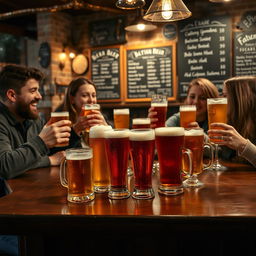 A cozy gathering scene featuring a group of friends enjoying beers in a rustic pub setting