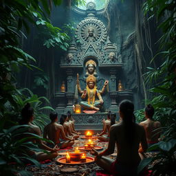 In a deep jungle, there is a mysterious temple adorned with intricate carvings and a prominent idol of Goddess Kali