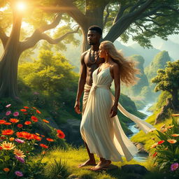 Adão, a black man, and Eva, a blonde woman, depicted in the Garden of Eden