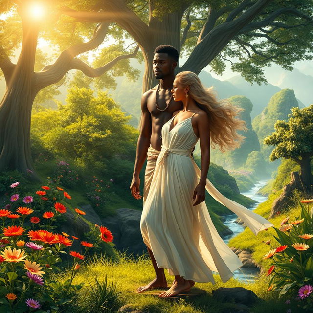 Adão, a black man, and Eva, a blonde woman, depicted in the Garden of Eden