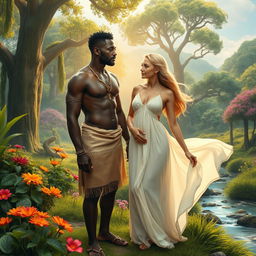 Adão, a black man, and Eva, a blonde woman, depicted in the Garden of Eden