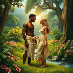 Adão, a black man, and Eva, a blonde woman, depicted in the Garden of Eden