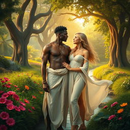 Adão, a black man, and Eva, a blonde woman, depicted in the Garden of Eden