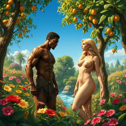 A beautifully detailed scene depicting Adam, a Black man, and Eve, a blonde woman, semi-nude in the Garden of Eden