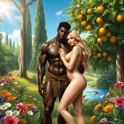 A beautifully detailed scene depicting Adam, a Black man, and Eve, a blonde woman, semi-nude in the Garden of Eden