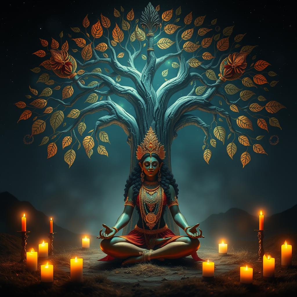 In a serene night setting, a figure representing Ma Kali is sitting in deep meditation beneath a mystical Tantric tree, surrounded by soft glowing light