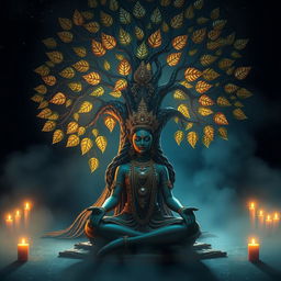 In a serene night setting, a figure representing Ma Kali is sitting in deep meditation beneath a mystical Tantric tree, surrounded by soft glowing light