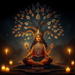 In a serene night setting, a figure representing Ma Kali is sitting in deep meditation beneath a mystical Tantric tree, surrounded by soft glowing light