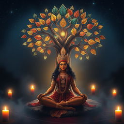 In a serene night setting, a figure representing Ma Kali is sitting in deep meditation beneath a mystical Tantric tree, surrounded by soft glowing light