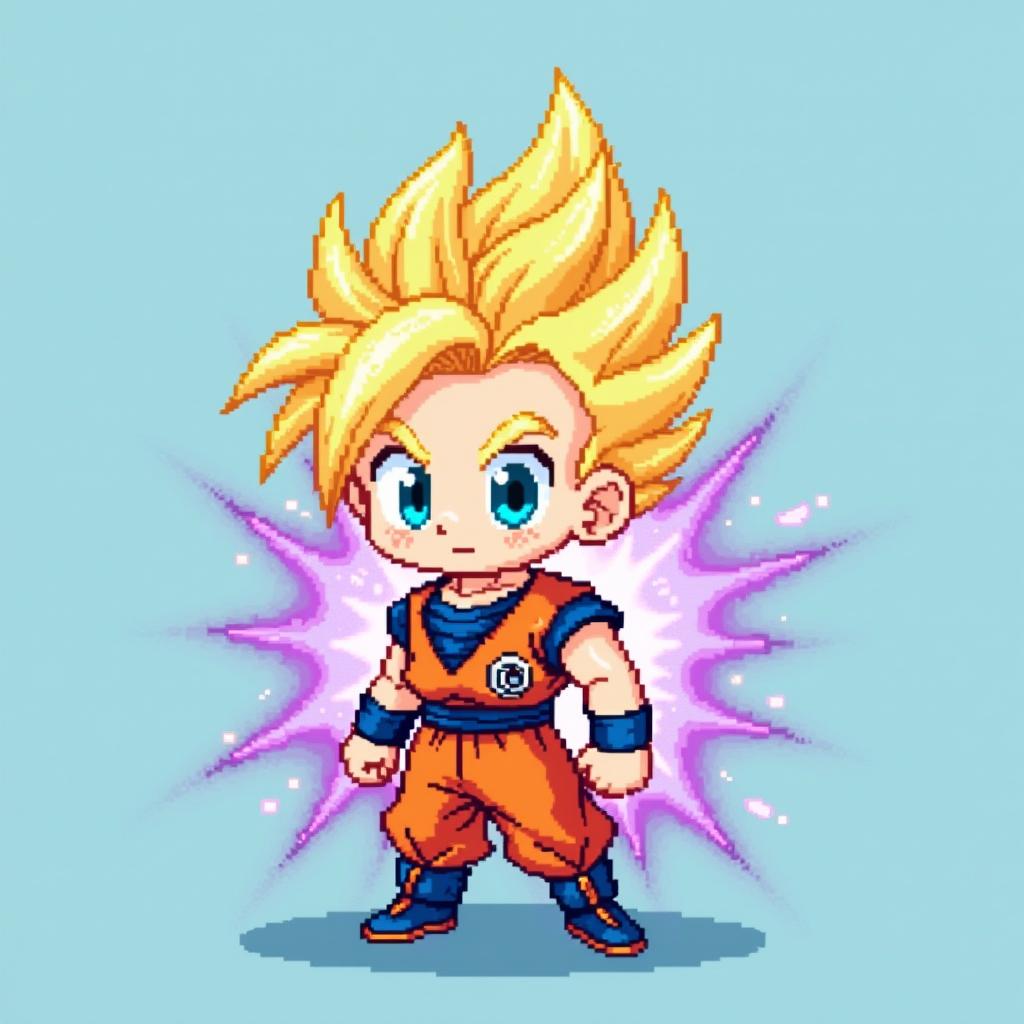 An 8-bit pixel art image of a Super Saiyan character in chibi style