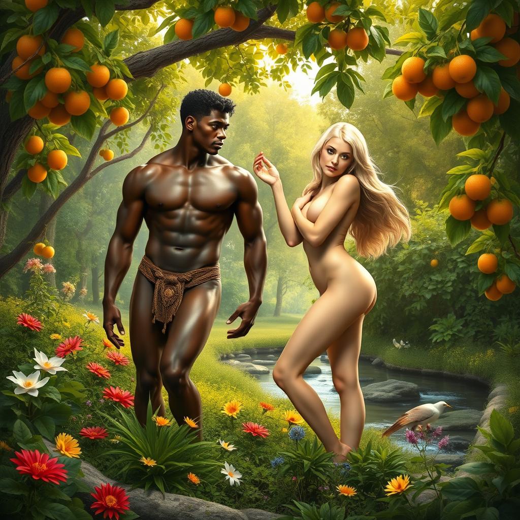 A stunning scene of Adam and Eve in the Garden of Eden, depicted in a lush, vibrant environment filled with green trees, colorful flowers, and a serene atmosphere