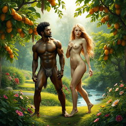 A stunning scene of Adam and Eve in the Garden of Eden, depicted in a lush, vibrant environment filled with green trees, colorful flowers, and a serene atmosphere